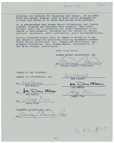 The Three Stooges Twice-Signed Contract From May 1970 Regarding ''Little Stooges'' -- Signed Twice by Moe Howard, Larry Fine & Joe DeRita -- Two Pages in Folder Measuring 9'' 11.5'' -- Near Fine